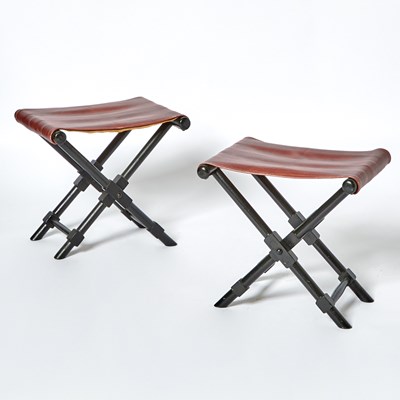 Lot 393 - Pair of Ebonized Wood and Red Leather X-Form Stools