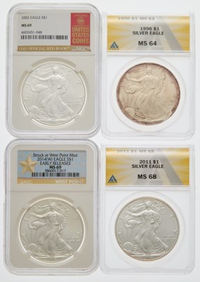 Lot 58 - United States. Group of Type I Third-Party Certified American Silver Eagles. Mint State.