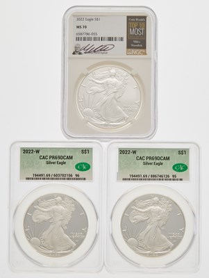 Lot 57 - United States. Group of Type II American Silver Eagles. Proof and Business Strikes Finishes.
