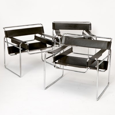 Lot 413 - Three Leather and Tubular Metal “Wassily” Style Armchairs