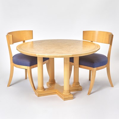 Lot 410 - David Linley Burlwood Center Table and Pair of Upholstered Sycamore Side Chairs