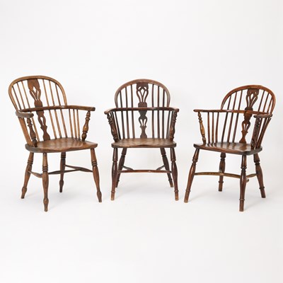 Lot 396 - Set of Three Windsor Oak Armchairs