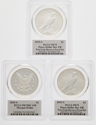 Lot 56 - United States. Group of 2025-S Proof/Reverse Proof Morgan and Peace Dollars. PCGS PR-70 DCAM/ PR-70 Rev. Pr..