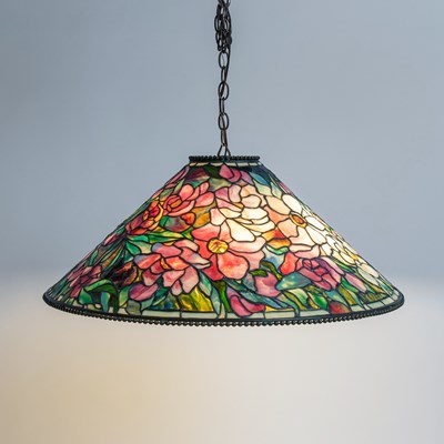 Lot 261 - Tiffany Studios Bronze and Leaded Glass "Floral Bouquet" Chandelier