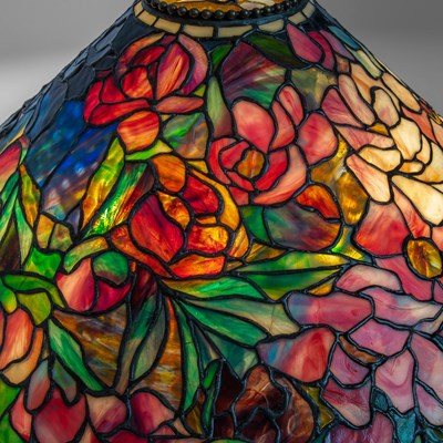 Lot 261 - Tiffany Studios Bronze and Leaded Glass "Floral Bouquet" Chandelier