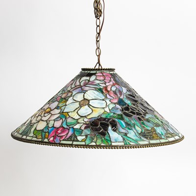 Lot 261 - Tiffany Studios Bronze and Leaded Glass "Floral Bouquet" Chandelier