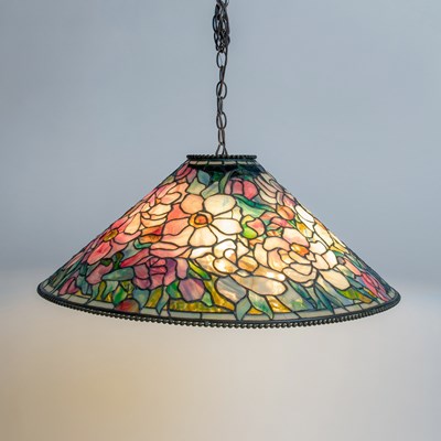 Lot 261 - Tiffany Studios Bronze and Leaded Glass "Floral Bouquet" Chandelier