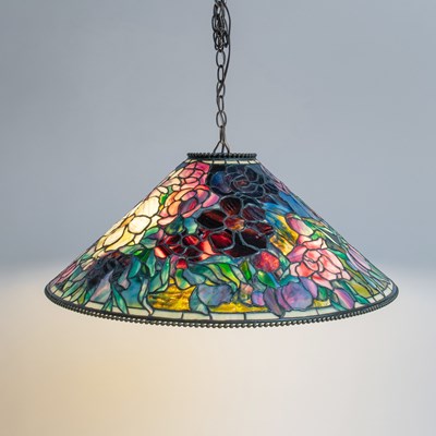 Lot 261 - Tiffany Studios Bronze and Leaded Glass "Floral Bouquet" Chandelier