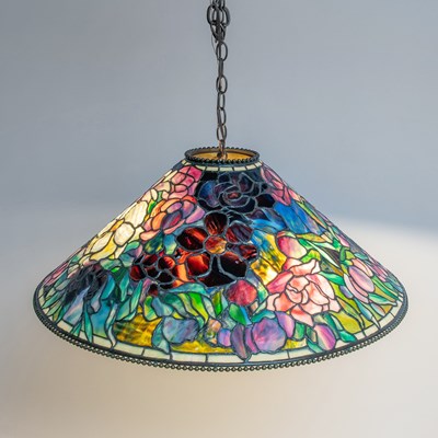 Lot 261 - Tiffany Studios Bronze and Leaded Glass "Floral Bouquet" Chandelier
