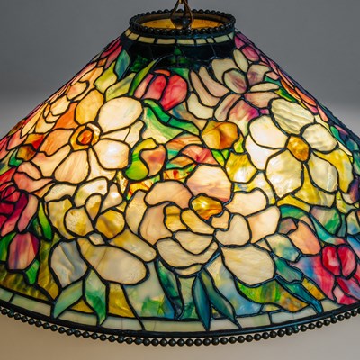 Lot 261 - Tiffany Studios Bronze and Leaded Glass "Floral Bouquet" Chandelier