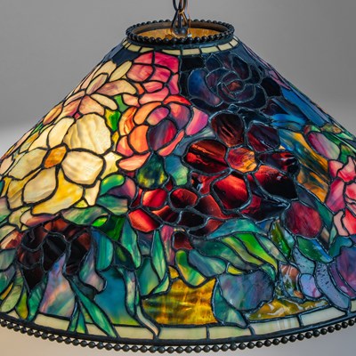 Lot 261 - Tiffany Studios Bronze and Leaded Glass "Floral Bouquet" Chandelier