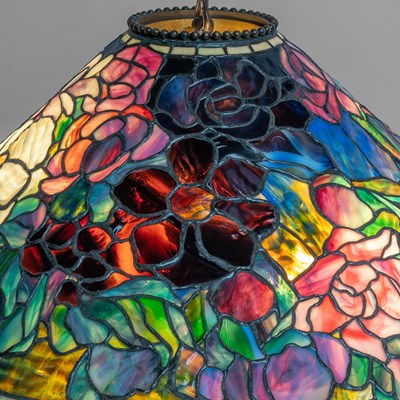 Lot 261 - Tiffany Studios Bronze and Leaded Glass "Floral Bouquet" Chandelier