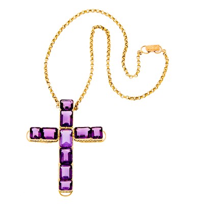 Lot 1168 - Long Gold and Amethyst Cross Pendant-Necklace