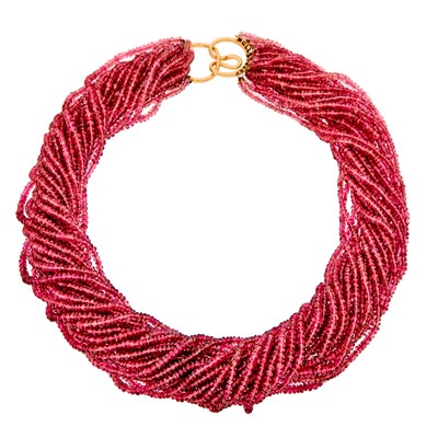 Lot 1245 - Multistrand Pink Tourmaline Bead Necklace with Gold Clasp