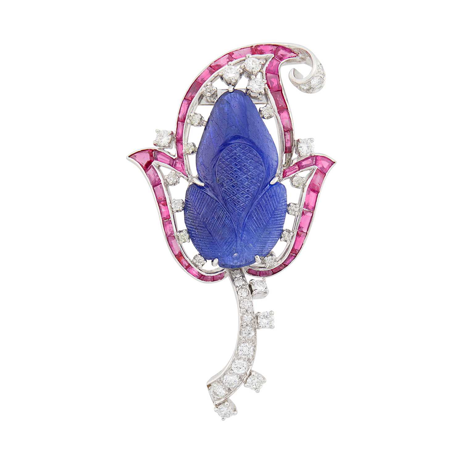 Lot 118 - Platinum, Carved Sapphire, Ruby and Diamond Leaf Clip-Brooch