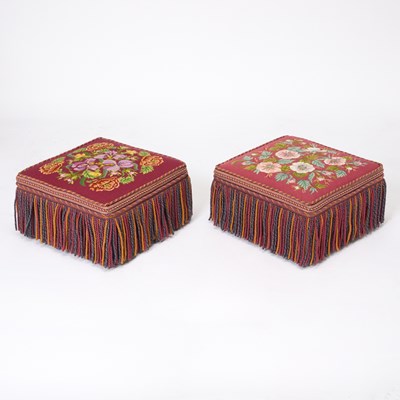 Lot 125 - Pair of Needlepoint Upholstered and Fringed Stools