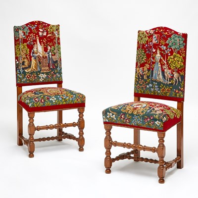 Lot 157 - Pair of Jacobean Style Needlepoint Upholstered Beechwood Side Chairs