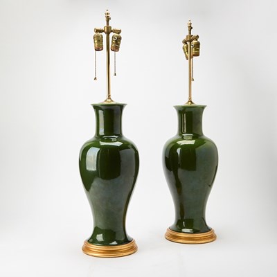 Lot 229 - Pair of Green Porcelain Vases as Lamps