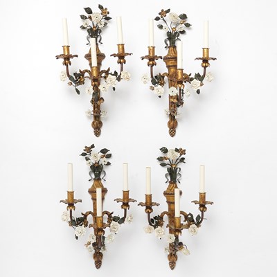 Lot 130 - Set of Four Louis XVI Style Gilt-Metal Porcelain Mounted Three-Light Wall Lights