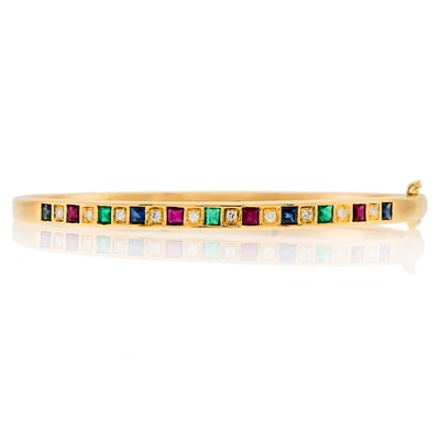 Lot 1035 - Gold, Colored Stone and Diamond Bangle Bracelet