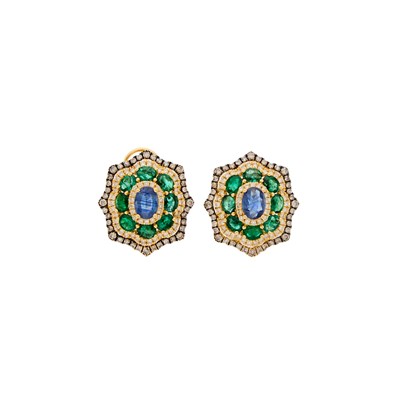Lot 2190 - Pair of Two-Color Gold, Sapphire, Emerald and Diamond Earrings