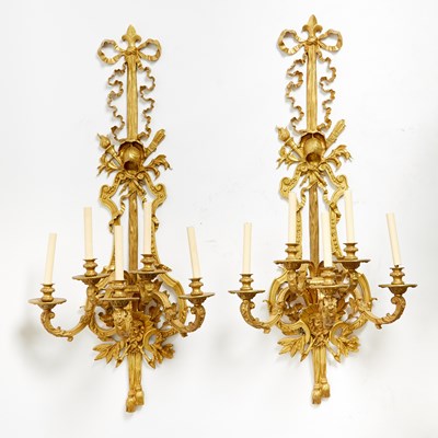 Lot 196 - Pair of Large Louis XVI Style Gilt-Bronze Five-Light Wall Lights
