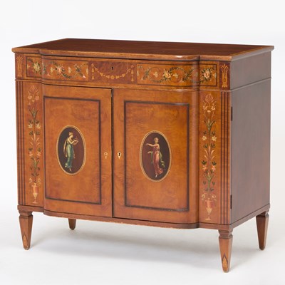 Lot 130 - Edwardian Paint Decorated Mahogany and Burlwood Breakfront Side Cabinet