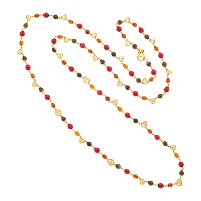 Lot 133 - Di Modolo Long Gold, Red Stone, Smoky Quartz and Amber Bead and Diamond 'Triadra' Chain Necklace