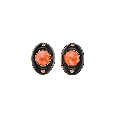 Lot 1263 - Pair of Gold, Black Onyx, Coral and Diamond Earrings