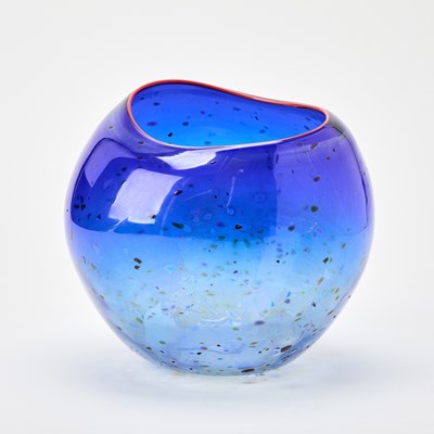 Lot 222 - Dale Chihuly Hand-Blown Glass Cobalt Blue Basket With “Confetti” and Cadmium Red Lip Wrap