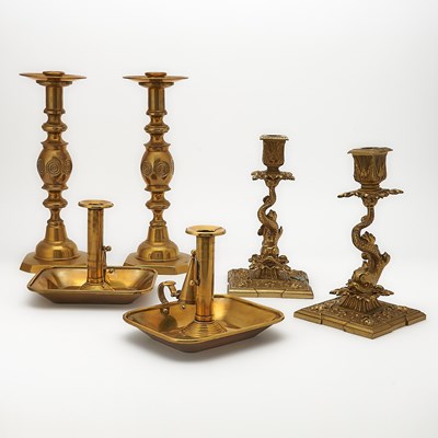 Lot 209 - Three Pairs of Brass Candlesticks