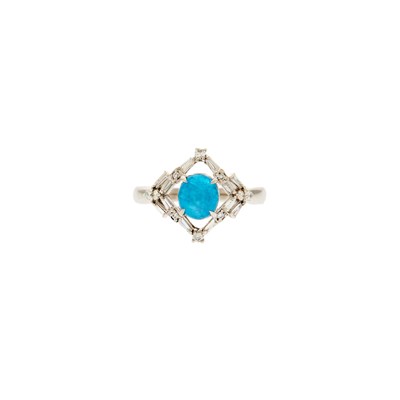 Lot 2146 - Platinum, Cabochon Greenish Blue Tourmaline and Diamond Ring