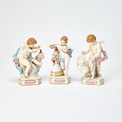 Lot 402 - Three Meissen Porcelain Putti on Triangular Bases