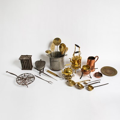 Lot 138 - Group of Brass, Copper and Metal Fireplace Cooking Items