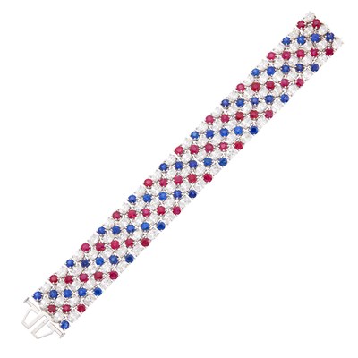 Lot 286 - Tiffany & Co. Platinum, Diamond, Ruby and Sapphire Bracelet