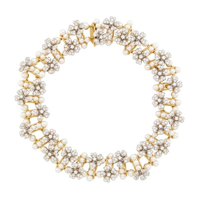Lot 248 - Tiffany & Co., Schlumberger Gold, Platinum, Diamond and Cultured Pearl Floret Necklace