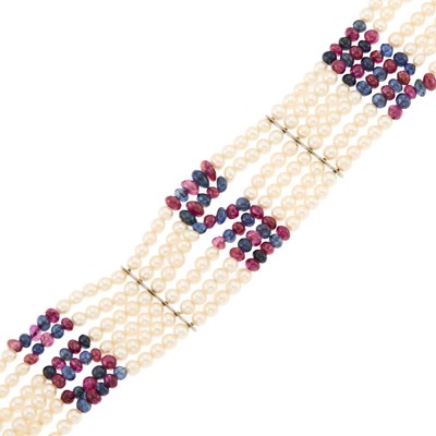 Lot 2090 - Multistrand Cultured Pearl, Platinum, Sapphire and Ruby Bead and Diamond Bracelet