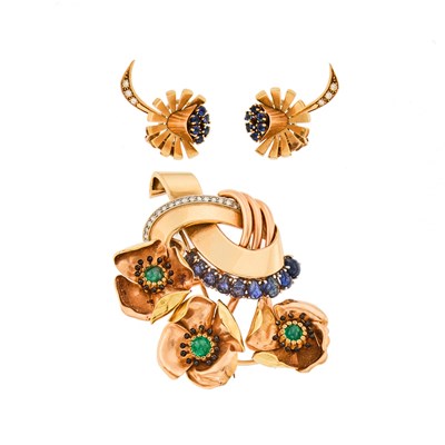 Lot 2176 - Tricolor Gold, Cabochon Emerald, Carved Sapphire and Diamond Clip-Brooch and Trabert & Hoeffer, Mauboussin Pair of Gold, Sapphire and Diamond Earclips
