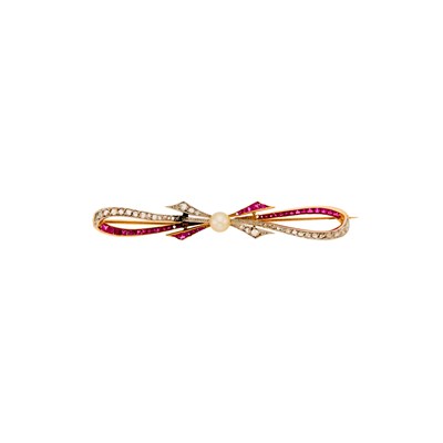Lot 2061 - Platinum, Gold, Button Pearl, Synthetic Ruby and Diamond Bow Pin
