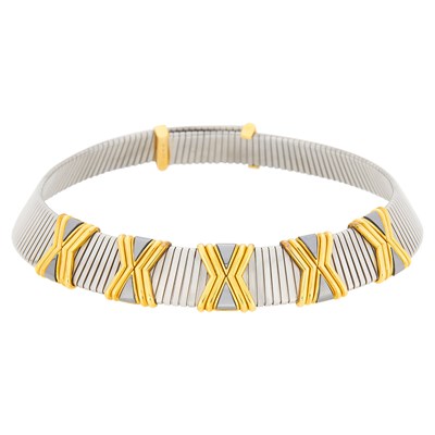 Lot 42 - Bulgari Stainless Steel, Blackened Steel and Gold Tubogas Slide Necklace
