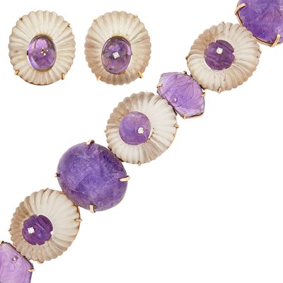Lot 1129 - Seaman Schepps Gold, Carved Rock Crystal and Amethyst and Diamond Bracelet and Pair of Earclips
