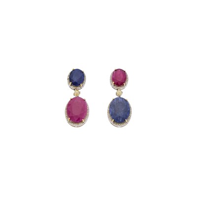 Lot 2112 - Pair of Silver, Sapphire, Ruby and Diamond Pendant-Earrings
