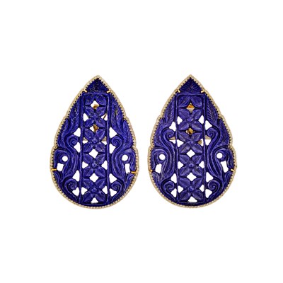 Lot 2107 - Pair of Silver, Carved Lapis and Diamond Earrings