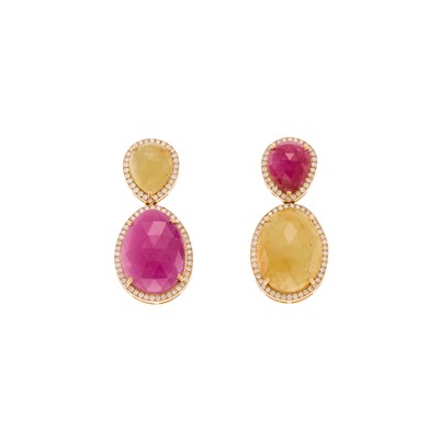 Lot 1272 - Pair of Gold, Multicolored Sapphire and Diamond Pendant-Earrings