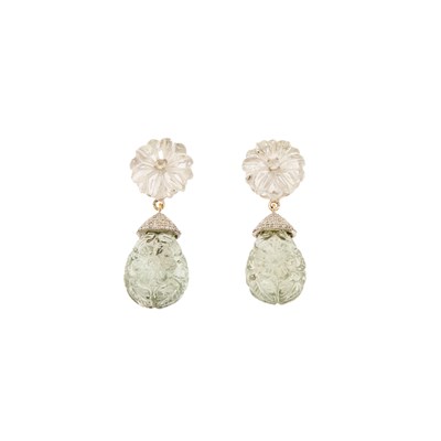 Lot 1158 - Pair of Silver, Carved Prasiolite and Rock Crystal and Diamond Pendant-Earrings