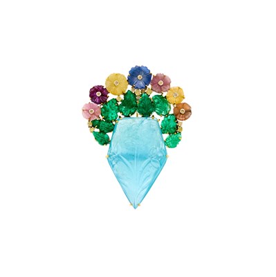 Lot 1163 - Silver, Carved Colored Stone and Colored Diamond Brooch