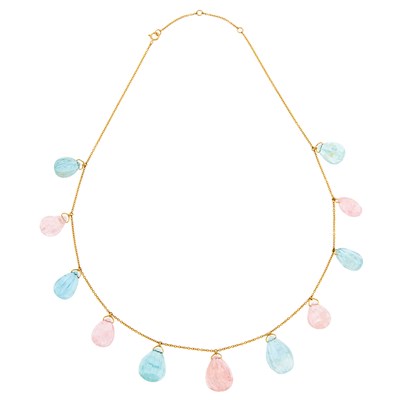 Lot 1265 - Gold and Carved Morganite and Aquamarine Fringe Necklace