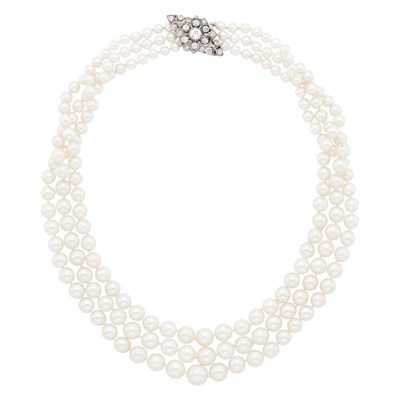 Lot 95 - Triple Strand Cultured Pearl Necklace with Silver, Gold and Diamond Clasp