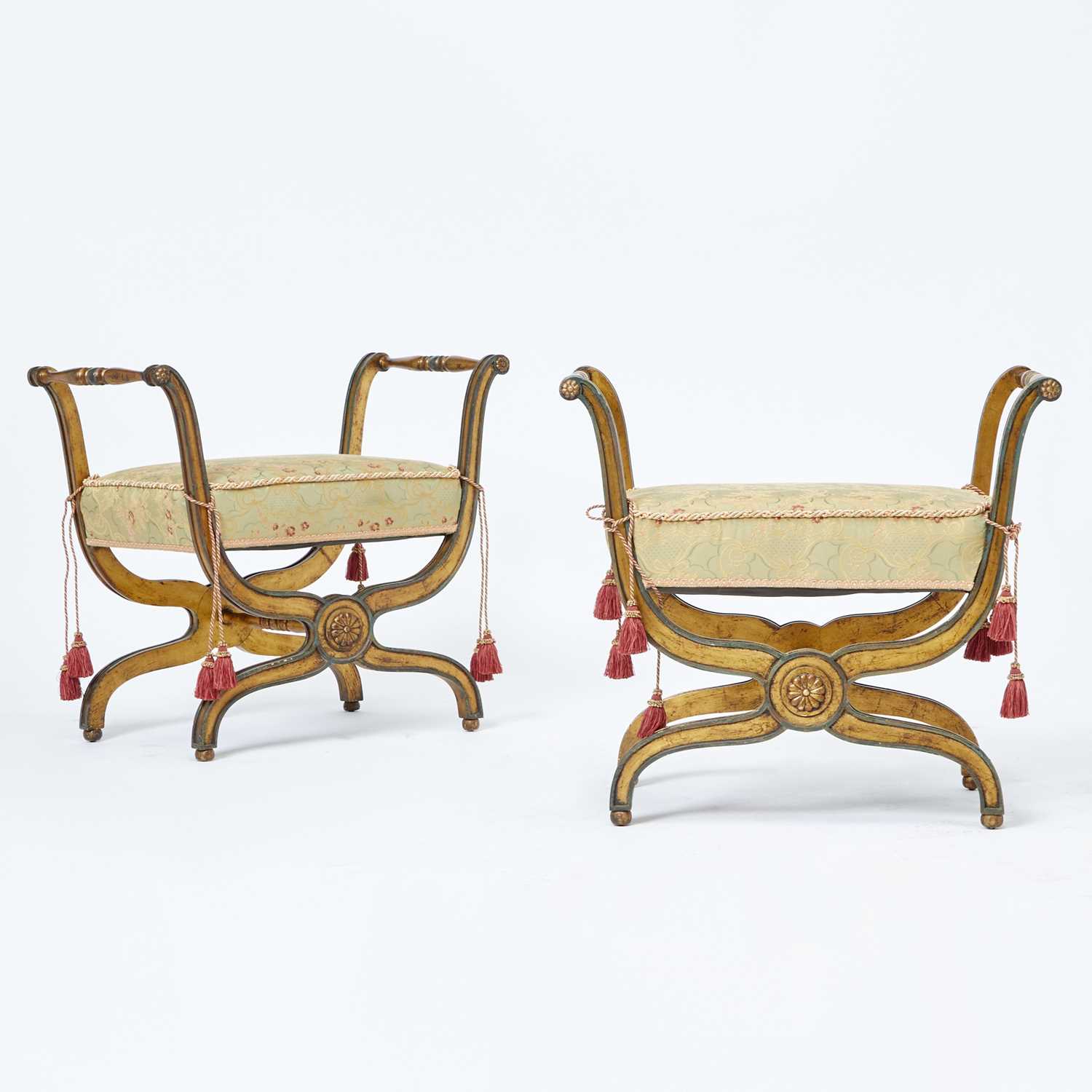Lot 282 - Pair of Louis XVI Style Upholstered Painted and Parcel Gilt Benches