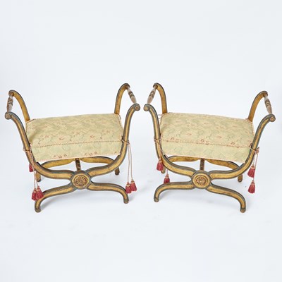 Lot 282 - Pair of Louis XVI Style Upholstered Painted and Parcel Gilt Benches